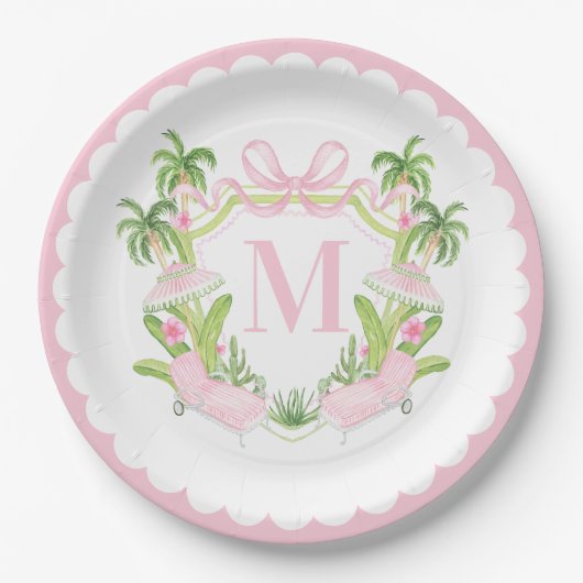 Palm Beach Pink Loungers Monogram Crest Papieren Bordje (Voorkant)