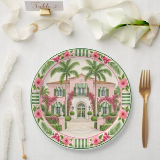 Palm Beach Roze & Groene Tropische Landhuis Hibisc Papieren Bordje