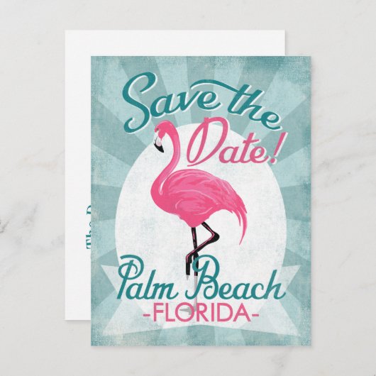 Palm Beach Save the Date Pink Flamingo Aankondigingskaart (Voorkant / Achterkant)