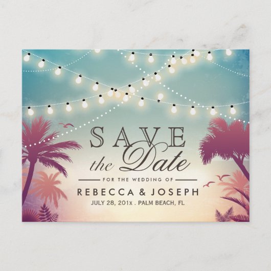 Palm Beach String Lights Bruiloft Save the Date Aankondigingskaart (Voorkant)