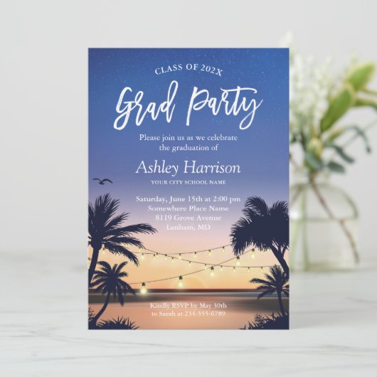 Palm Beach Sunset String Lights Graduparty Kaart (Staand voorkant)