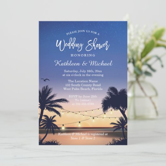 Palm Beach Sunset String Lights Wedding Shower Kaart (Staand voorkant)