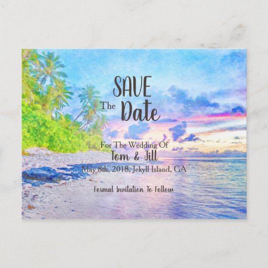 Palm Beach Sunset Waterverf Sla de datum op Aankondigingskaart (Voorkant)