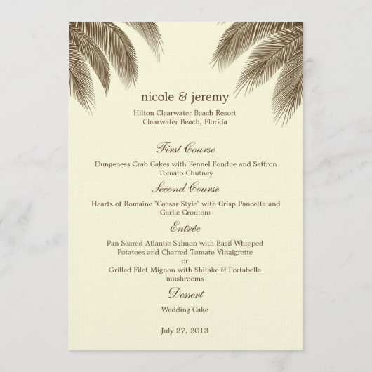 Palm Beach Wedding Menu Card - Bruin (Voorkant)