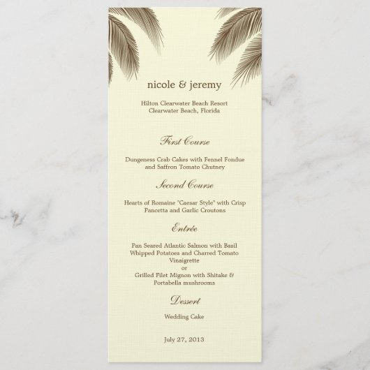 Palm Beach Wedding Menu Card - Bruin (Voorkant)