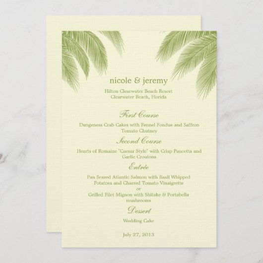 Palm Beach Wedding Menu Card - Green (Voorkant / Achterkant)