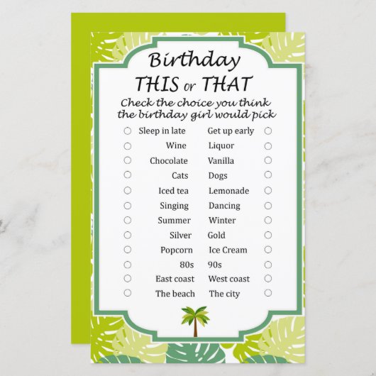 Palm Birthday dit of dat spel (Voorkant / Achterkant)