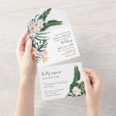 Palm bladeren hibiscus tropische elegante bruiloft all in one uitnodiging (Afscheurbaar)