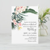 Palm bladeren hibiscus tropische elegante bruiloft kaart (Staand voorkant)