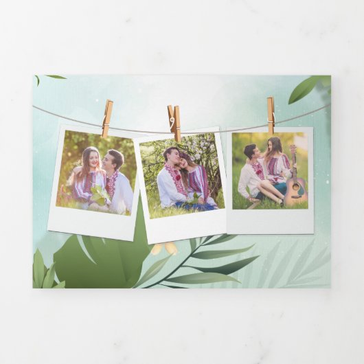 Palm bladeren string lichten foto collage bruiloft drieluik uitnodiging (Cover)