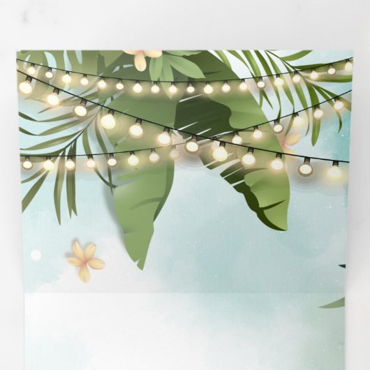 Palm bladeren string lichten foto collage bruiloft drieluik uitnodiging (Binnenzijde eerst)