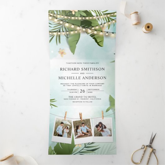 Palm bladeren string lichten foto collage bruiloft drieluik uitnodiging (Binnen)