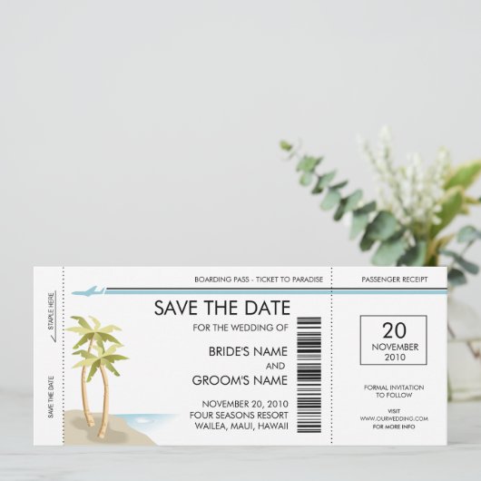 Palm Boarding Pass Save the Date Invitations (Staand voorkant)