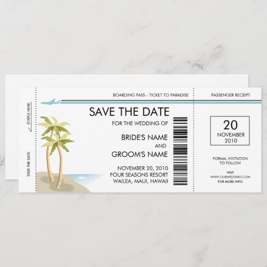 Palm Boarding Pass Save the Date Invitations (Voorkant / Achterkant)
