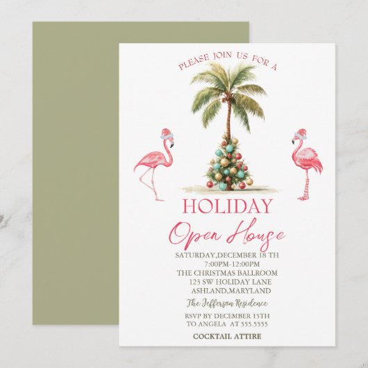 Palm Christmas Balls Flamingos Holiday Open House Kaart (Voorkant / Achterkant)