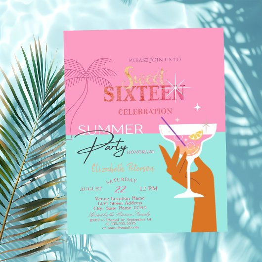 Palm Cocktail Zomer Sweet 16 Party Kaart