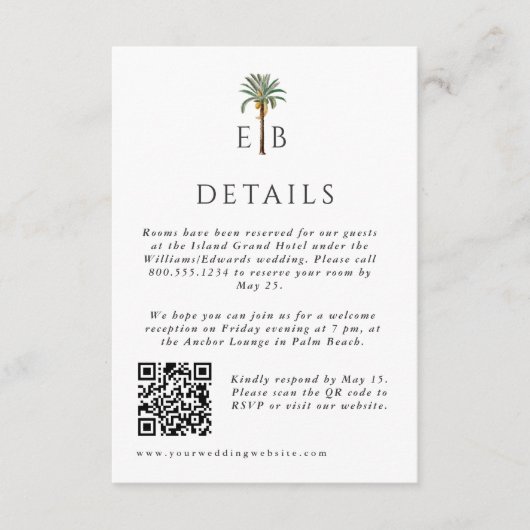 Palm Elegant Tropical Monogram Wedding Details Informatiekaartje (Voorkant)