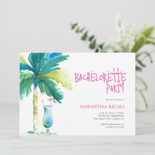 Palm en Cocktail Bachelorette uitnodigingen (Staand voorkant)