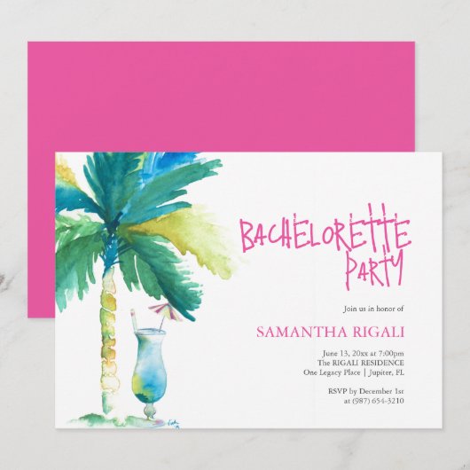 Palm en Cocktail Bachelorette uitnodigingen (Voorkant / Achterkant)