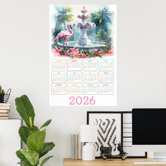 Palm Garden Serenity: 2026 Flamingo Calendar Poster (Thuiskantoor)