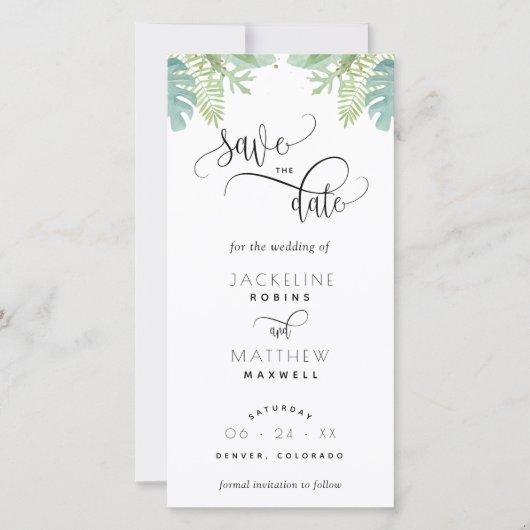 Palm Greenery Wedding Save the Date Bladwijzer (Voorkant)