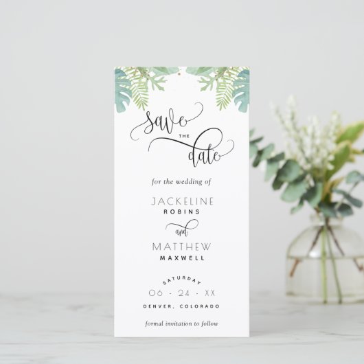 Palm Greenery Wedding Save the Date Bladwijzer (Staand voorkant)