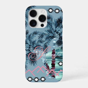 Palm Hawaïaans blauw zwart monogram gepersonalisee iPhone 16 Pro Hoesje