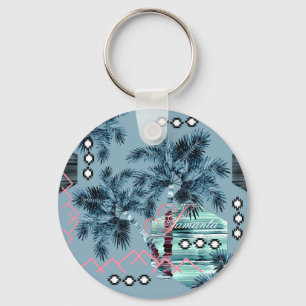 Palm Hawaïaans blauw zwart monogram gepersonalisee Sleutelhanger