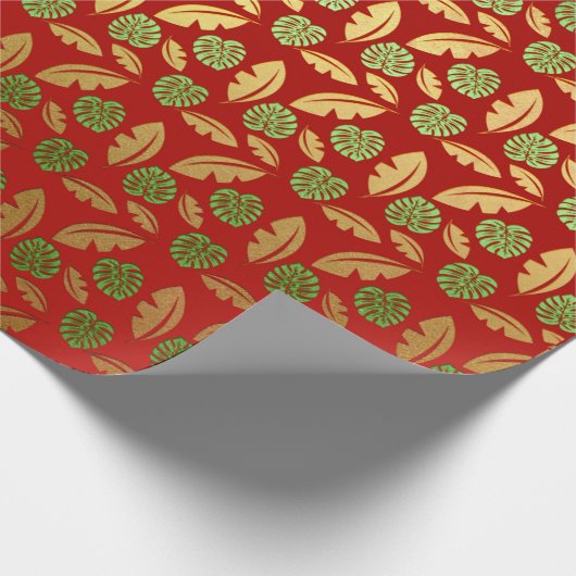 Palm Hawaii Leafs Emerald Green Red Gold Cadeaupapier (Hoek)