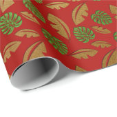 Palm Hawaii Leafs Emerald Green Red Gold Cadeaupapier (Rol Hoek)