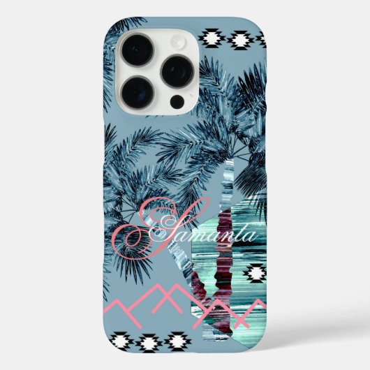 Palm Hawaiian blue black monogram personalized Case-Mate iPhone Case (Achterkant)