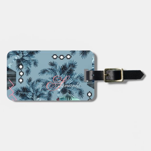Palm Hawaiian blue monogram gepersonaliseerd Bagagelabel (Voorkant horizontaal)