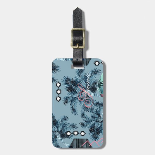 Palm Hawaiian blue monogram gepersonaliseerd Bagagelabel (Voorkant verticaal)