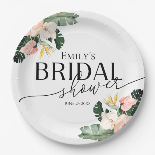 Palm Hibiscus Tropische Bloem Bruidsdouche Papieren Bordje (Voorkant)