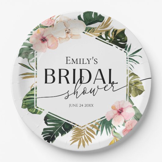 Palm Hibiscus Tropische Bloem Bruidsdouche Papieren Bordje (Voorkant)