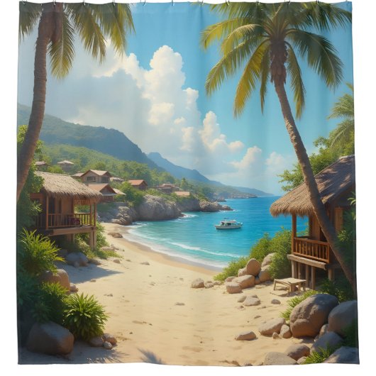 Palm ingelijst uitzicht van strandhutten en oceaan douchegordijn (Voorkant)