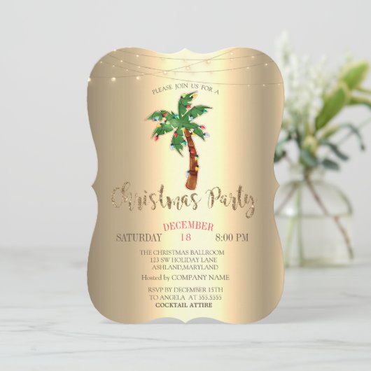 Palm Kerstboom String Lichten Goud Kaart (Staand voorkant)