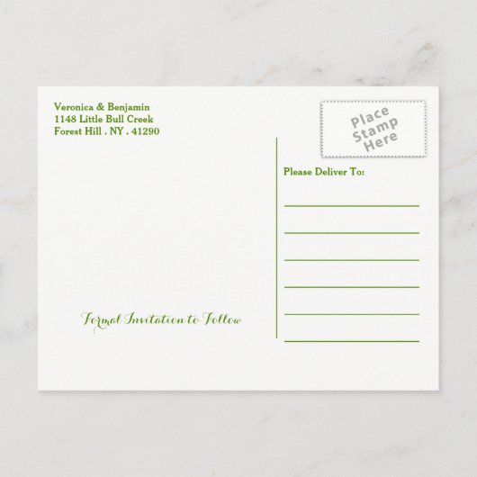 Palm laat tropisch strand bruiloft los, behalve de aankondigingskaart (Achterkant)