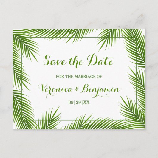 Palm laat tropisch strand bruiloft los, behalve de aankondigingskaart (Voorkant)
