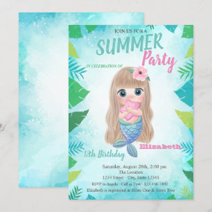 Palm Leaf, Baby Mermaid Birthday Party Invitation Kaart