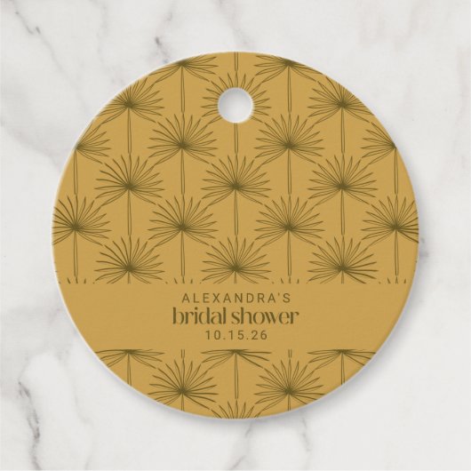 Palm Leaf Botanical Mustard Custom Vrijgezellenfee Bedankjes Labels (Voorkant)