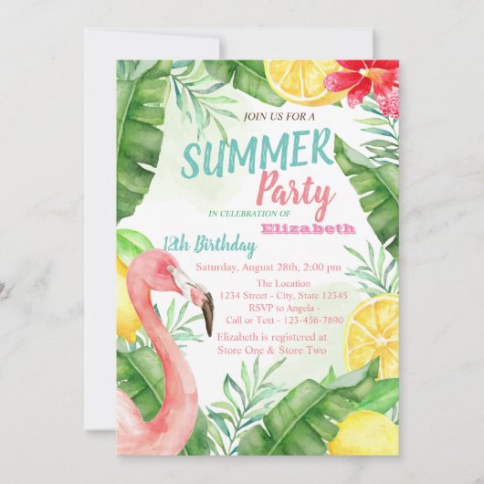 Palm Leaf, Flamingo Pool Birthday Party Kaart (Voorkant)