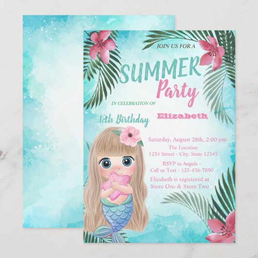Palm Leaf, Flowers, Baby Mermaid Birthday Party Kaart (Voorkant / Achterkant)