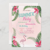 Palm Leaf, Flowers, Flamingo Birthday Party Kaart (Voorkant / Achterkant)