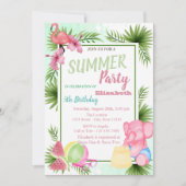 Palm Leaf, Flowers, Flamingo, Watermelon Birthday Kaart (Voorkant)