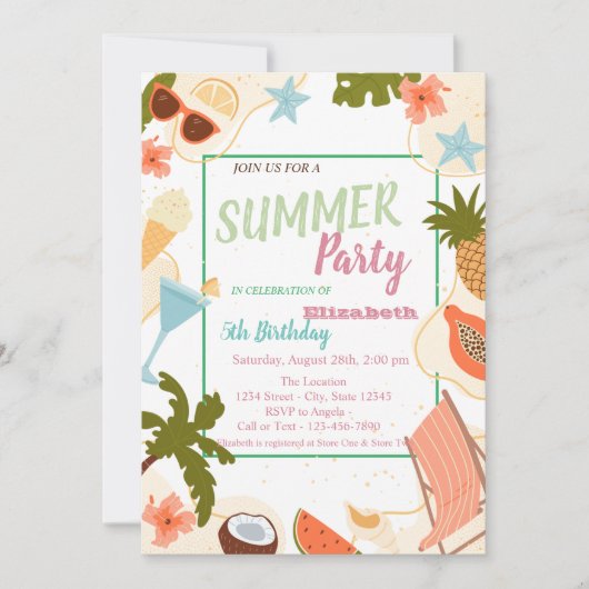 Palm Leaf, Flowers,Fruits Summer Birthday   Kaart (Voorkant)