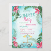 Palm Leaf, Flowers, Ice crème Bike Birthday Party Kaart (Voorkant)