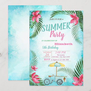 Palm Leaf, Flowers, Ice crème Bike Birthday Party Kaart