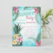 Palm Leaf, Flowers Pineapple Birthday Party Kaart (Staand voorkant)
