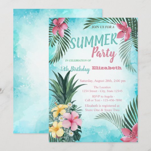 Palm Leaf, Flowers Pineapple Birthday Party Kaart (Voorkant / Achterkant)